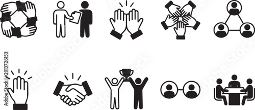 Canvas Print Black Teamwork and Collaboration Pictogram Icon Set Vector Collection with Hands