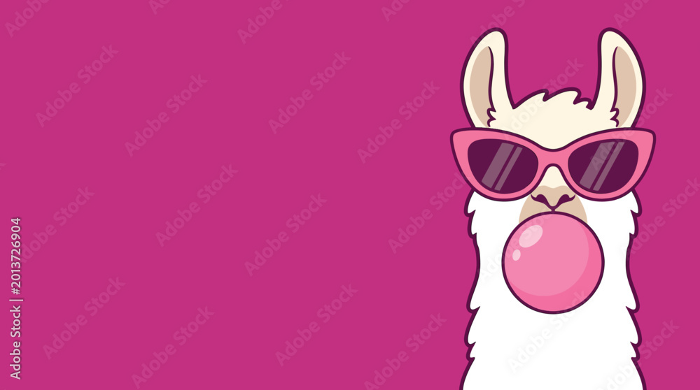 Obraz premium Vector illustration of a quirky llama wearing stylish pink sunglasses and blowing a large pink bubblegum bubble, isolated on a clean background, whimsical animal portrait design.