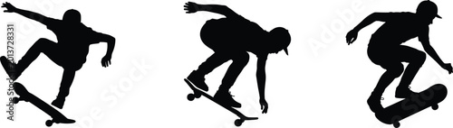 Tableau sur toile Skateboarder silhouette set performing tricks and jumps isolated on white backgr