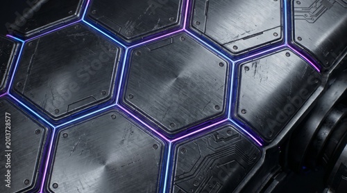 Futuristic Hexagonal Metal Plate with Neon Glowing Blue Purple Light