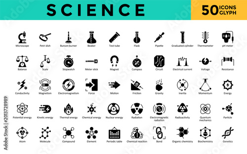 Science icons set with microscope, petri dish, bunsen burner, beaker, test tube, flask, pipette, graduated cylinder, thermometer, magnetism icon. Simple glyph vector 
