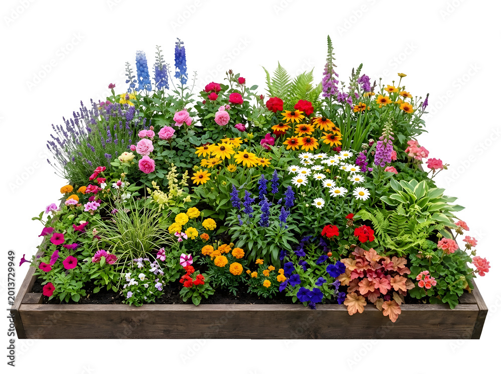 Naklejka premium Diverse Summer Flower Planter with Roses and Delphinium Isolated on Transparent Background