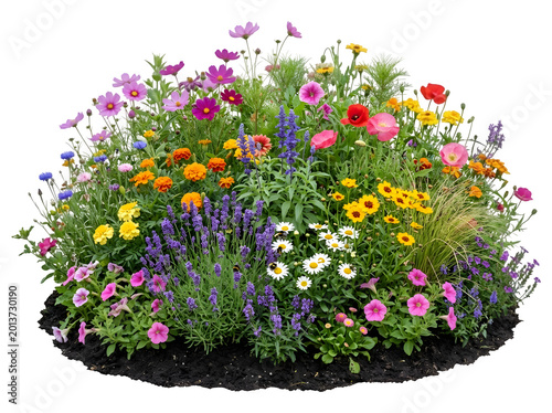 Wildflower Meadow Garden Bed with Cosmos and Lavender Isolated on Transparent Background