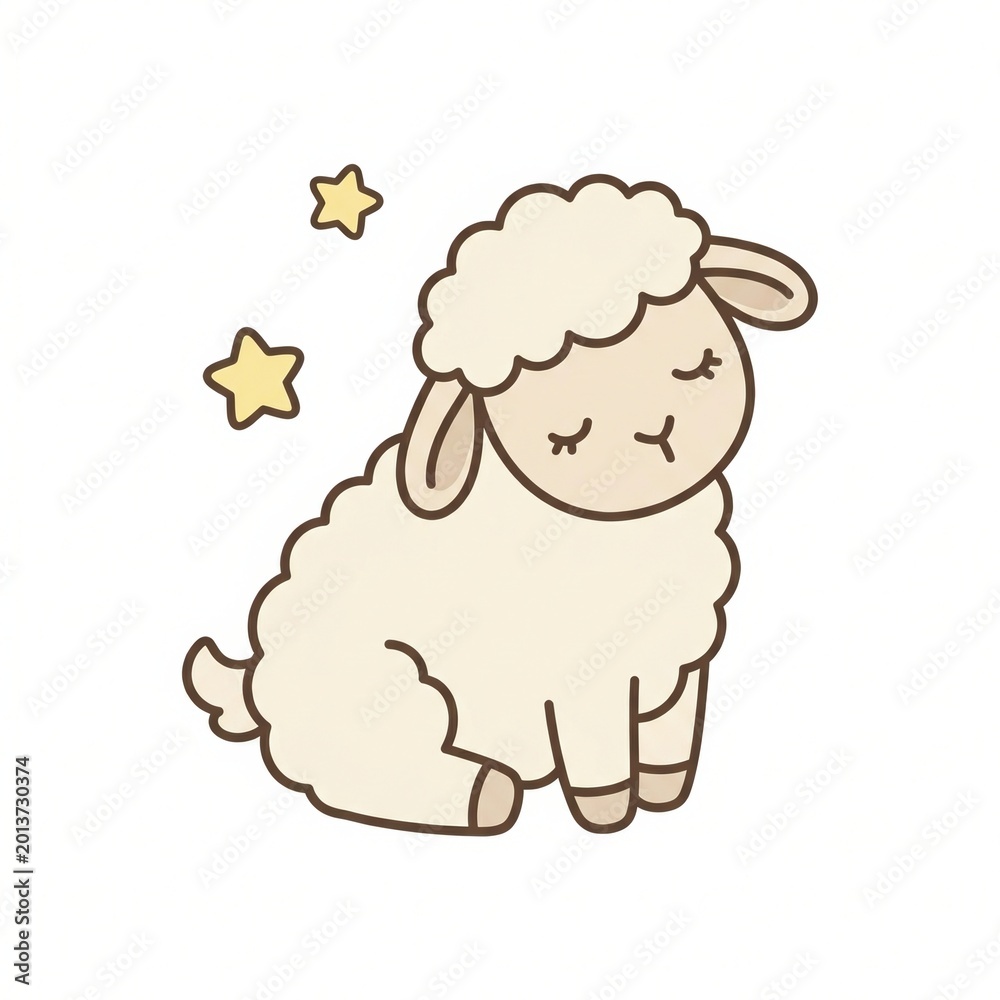 Obraz premium Sleepy standing lamb clip art with closed eyes, small yellow stars, soft cream fleece, thick brown outline, calm bedtime nursery animal illustration on clean white background for decor print