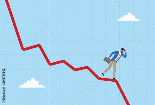 Tableau sur toile Vector illustration of businessman standing on falling graph line and looking do