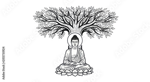 Konstfotografi Buddha Meditating Under Bodhi Tree, Enlightenment Symbol, Zen Buddhism