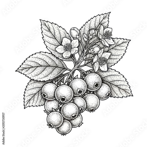 Billede på lærred Botanical Illustration: Blueberry Branch with Berries and Flowers, Hand-Drawn Sk