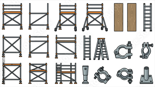 Comprehensive Collection of Illustrated Construction Scaffolding, Ladders, and Industrial Equipment Assets