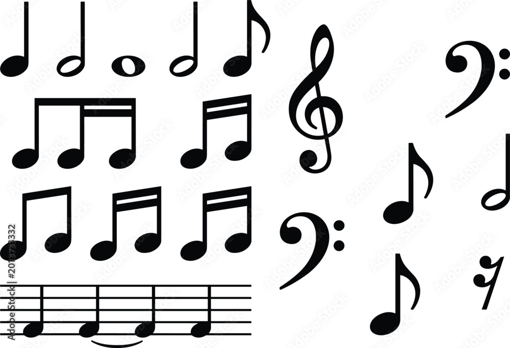 Fototapeta premium Musical notes and symbols icons set with treble clef, bass clef, staff notation, and melody elements