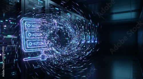 Digital Server Rack Icon Dissolving in Data Center