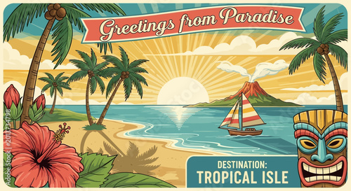 Foto Retro Tropical Postcard: Paradise Beach, Volcano, Tiki Mask, Sailboat