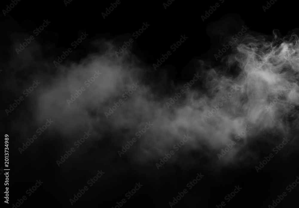 Fototapeta premium White fog or smoke overlay effect drifting across the lower part of a black background, creating an atmospheric mist with soft texture, dramatic contrast, and ample copy space.