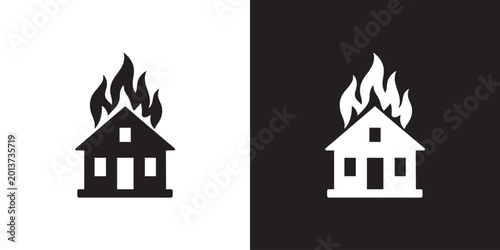 Tableau sur toile Burning House Silhouette with Flames – Black and White Fire Hazard Icon