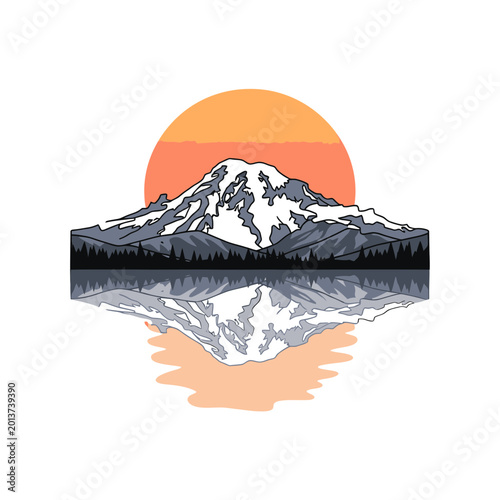 Snow capped mountain peak with reflection and orange sunset sun