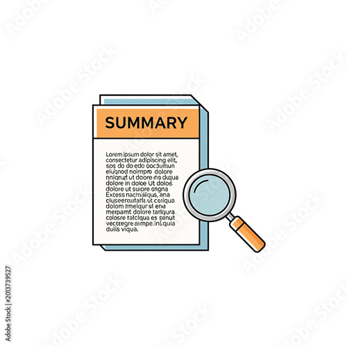 Summary report document with magnifying glass for data analysis