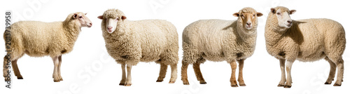 Foto Group of four healthy domestic sheep, different breeds and poses, showing their woolly coats and features