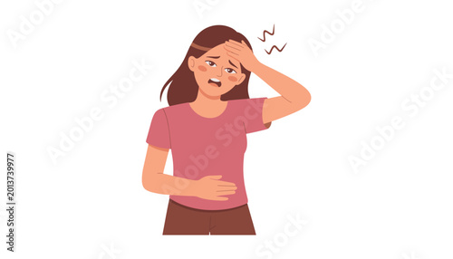 Photos Woman feeling sick with headache and stomach pain illness vector illustration is