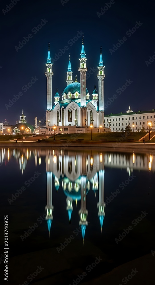 Fototapeta premium Illuminated mosque with turquoise domes and minarets reflected in dark water