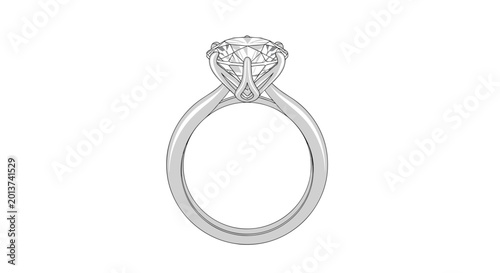 A single silver engagement ring featuring a prominent brilliant cut diamond sits isolated on a crisp white background to illustrate a luxurious piece of jewelry. © Juwel
