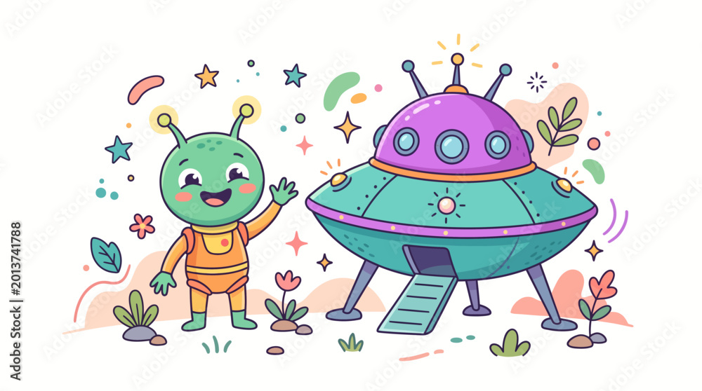 Obraz premium Alien greets friend from spaceship on planet with excitement and colorful decorations.