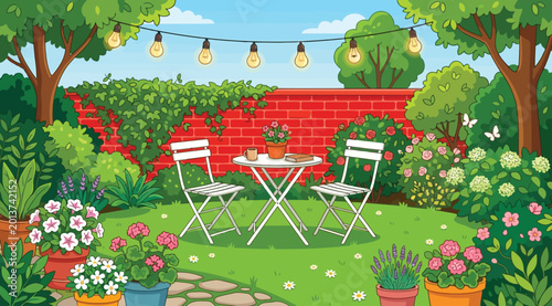 Cozy garden patio with a table and chairs in front of a brick wall