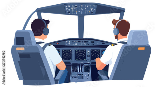 Two pilots sitting in airplane cockpit operating flight controls, flat design vector illustration, EPS file