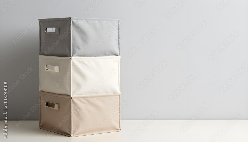 Fototapeta premium Stack of three fabric storage bins in neutral colors on a white surface