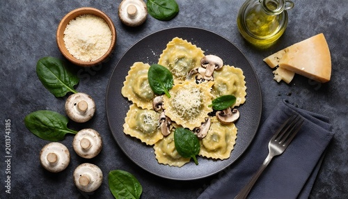Delicious spinach and mushroom ravioli served with fresh ingredients and grated cheese