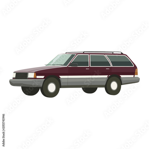 Digitally rendered side view of a burgundy and grey station wagon with a luggage rack