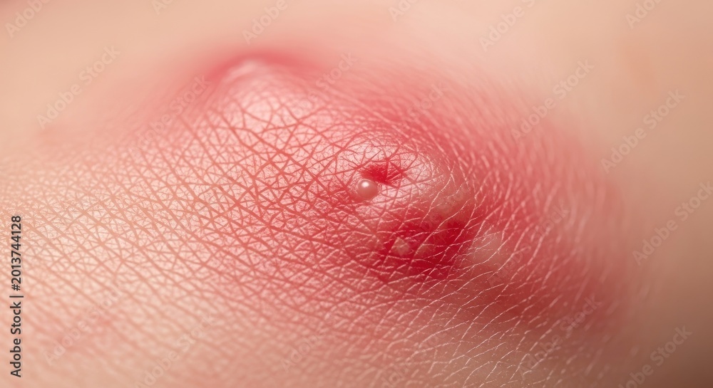 Fototapeta premium Close-up Macro Shot of a Red Inflamed Pimple on Human Skin.