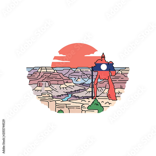 Giant mecha with Laos flag colors in Grand Canyon landscape