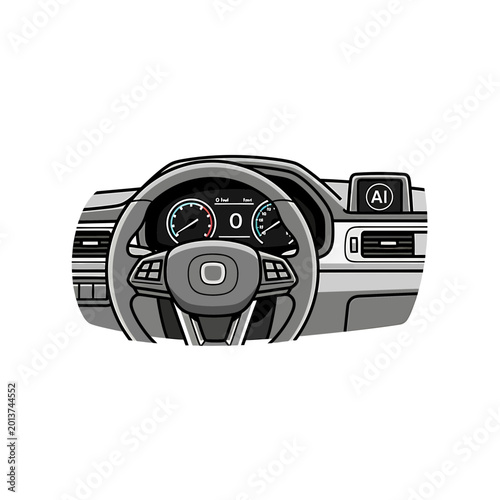 Modern car dashboard with steering wheel and AI smart display