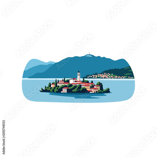 Mediterranean coastal island village with mountains and lake