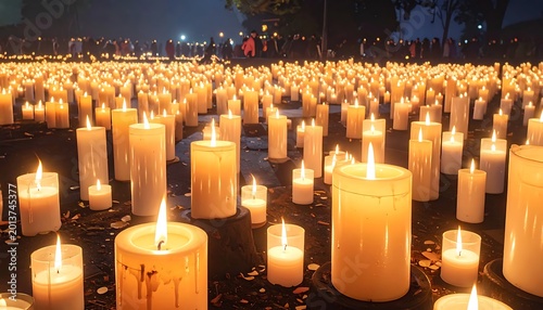 Many lit candles in the dark.