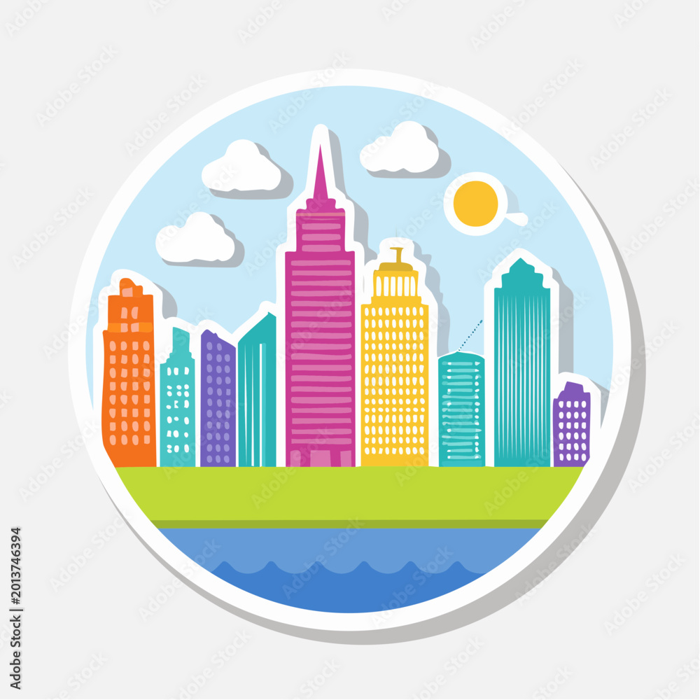 Obraz premium Colorful Cityscape with Skyscrapers and Clouds