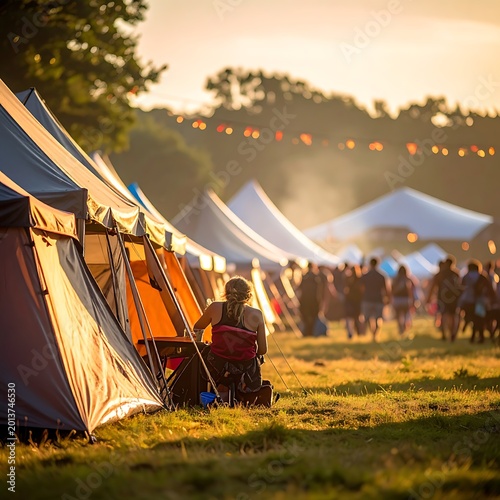 Music festival camping in summer evening.