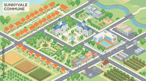 Foto Isometric view of a small town commune with residential houses, public buildings