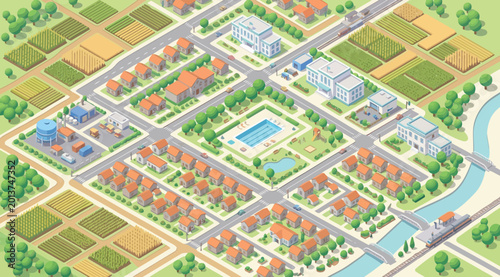 Canvastavla Isometric map of a planned community with residential housing, agricultural zone