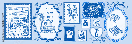 Blue coastal beach stamps in doodle sketch ink style. Ocean summer postal elements with lettering for postcard prints. Nautical vector illustrations for mail, letters and sticker set.
