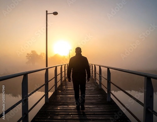 Silhouetted figure walks on bridge towards sunrise in foggy ambiance