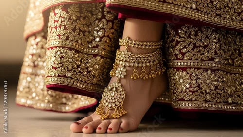 Detailed shot of a bride's heavy gold anklets and embroidered wedding dress