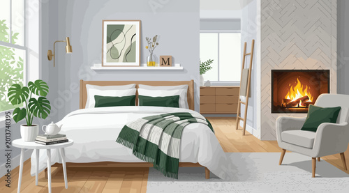 Foto Modern bedroom interior with fireplace, double bed, and green decor elements