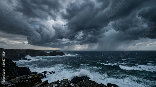 Dramatic Storm Clouds Over Rough Ocean and Rocky Coastline
