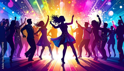 Silhouetted figures dance exuberantly in a brightly lit, colorful abstract dance club atmosphere