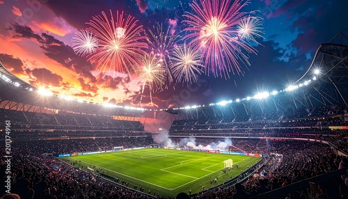 Stadium filled with people celebrates under a vibrant sunset sky with bursting fireworks above the green field