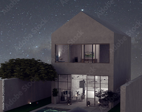 Tableau sur toile modern little paradise - holiday house in tranquil starry night sky render