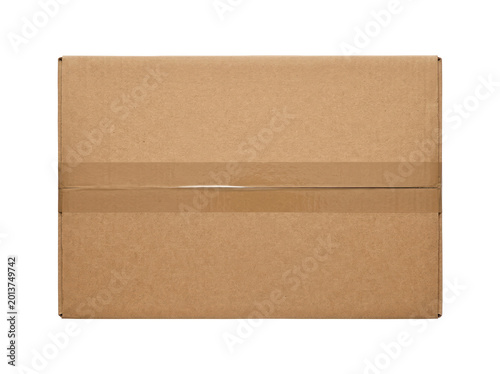 Top-down perspective of a sealed brown cardboard mailing parcel