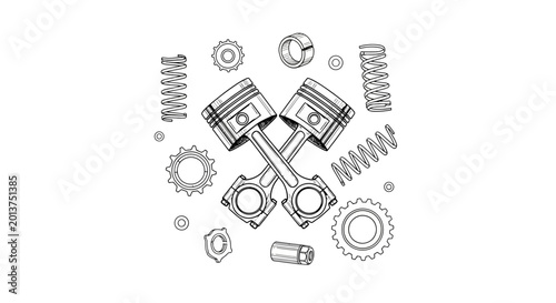 Foto Outline drawing of crossed engine pistons with gears and springs on an isolated white background, mechanical engineering concept