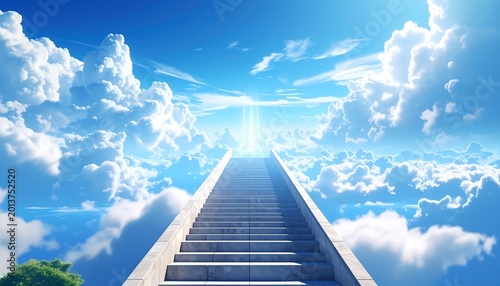 Stairs ascending into a vibrant blue sky filled with fluffy white clouds