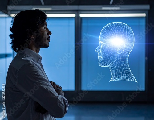 Silhouetted man with crossed arms contemplates glowing, wireframe human head in a modern blue-toned space